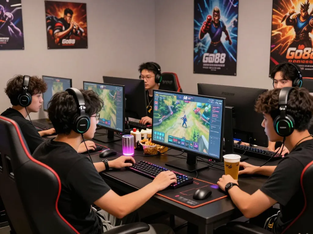 Group of friends excitedly gaming on Go88 platform in vibrant gaming lounge.