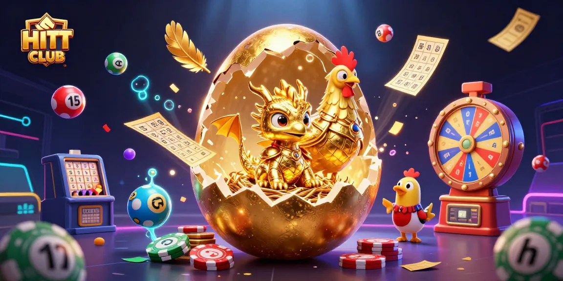 HITCLUB showcases a vibrant scene with golden dragon, poker chips, and bouncing lottery balls, celebrating gaming