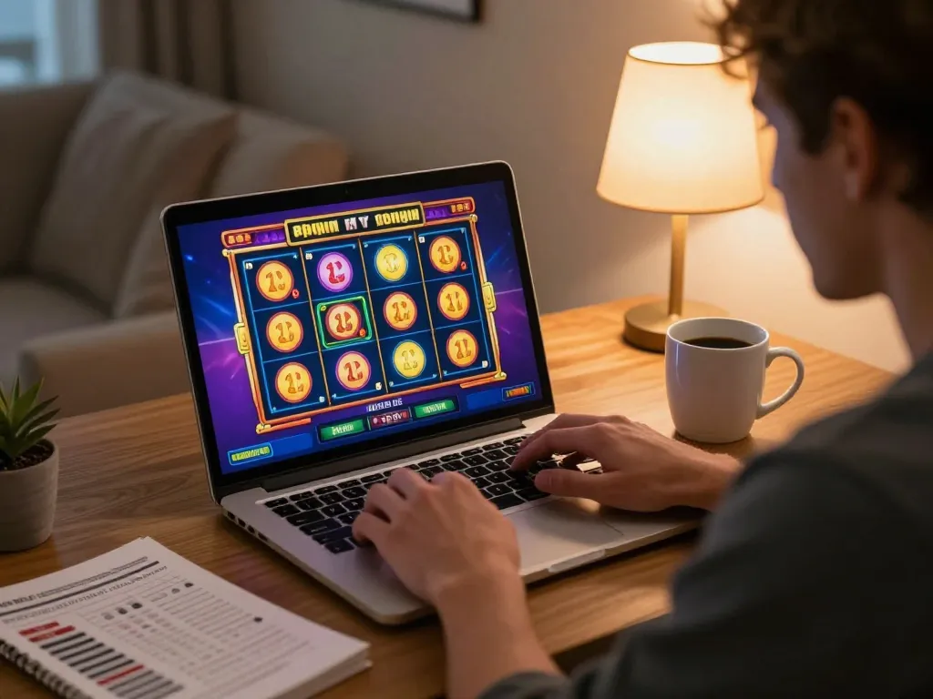 Player engaging with JPTOTO slot game on laptop in cozy home setting.