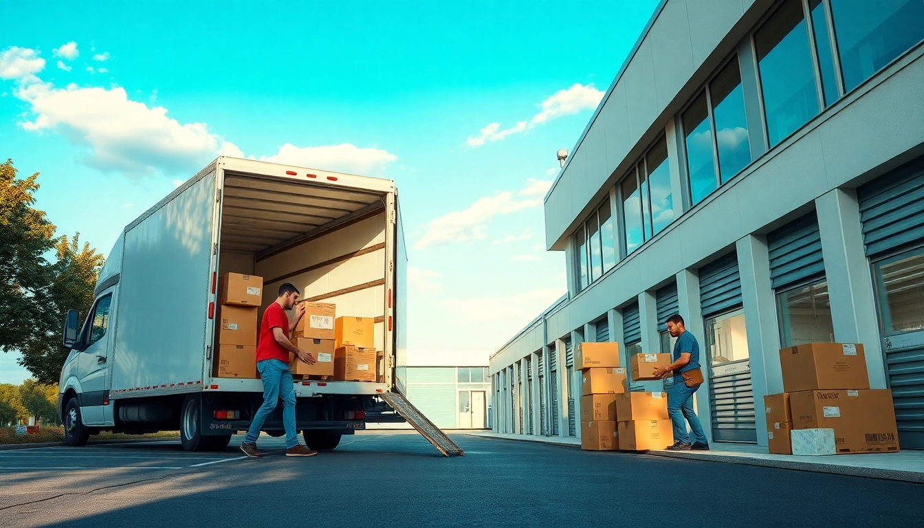 Moving and storage scene with professional movers loading a truck at a storage facility.