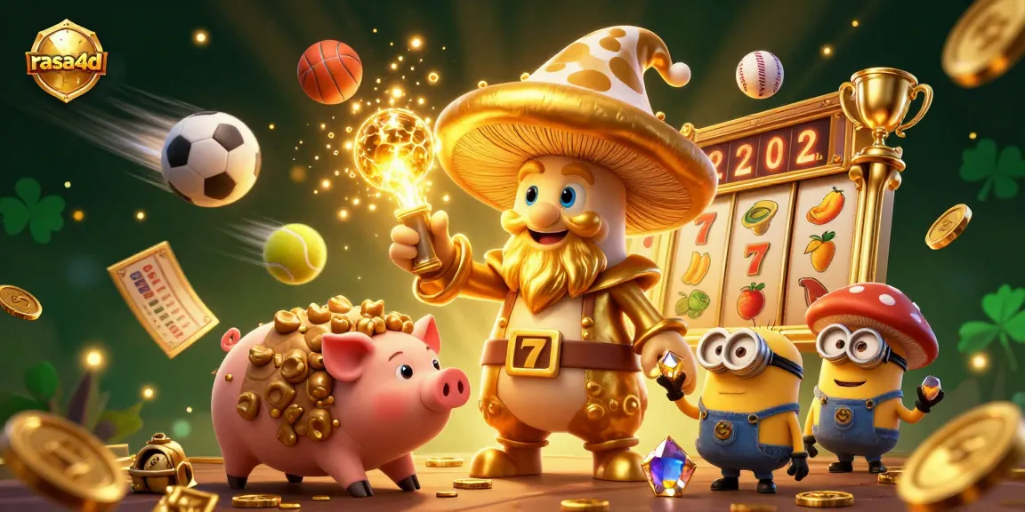 Rasa4d menghadirkan slot jackpot emas yang dikelilingi oleh karakter kartun dan bola olahraga berkilau.