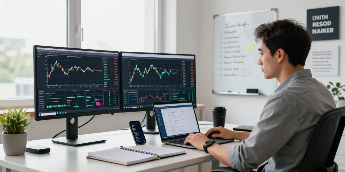 Traders using MetaTrader 5 on dual monitors in a modern office setting with charts and analytics.