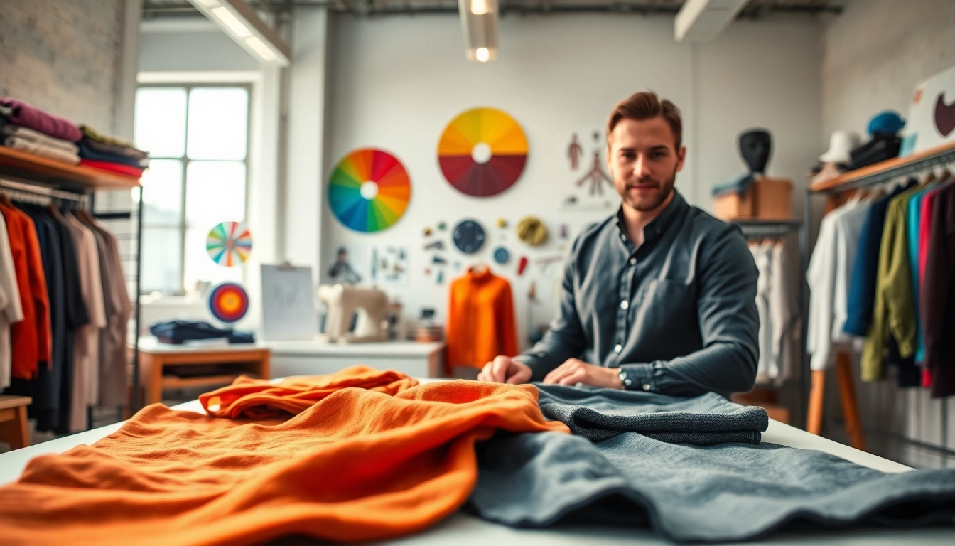 Custom Apparel Manufacturer showcasing fabric designs and garment samples in a bright studio.