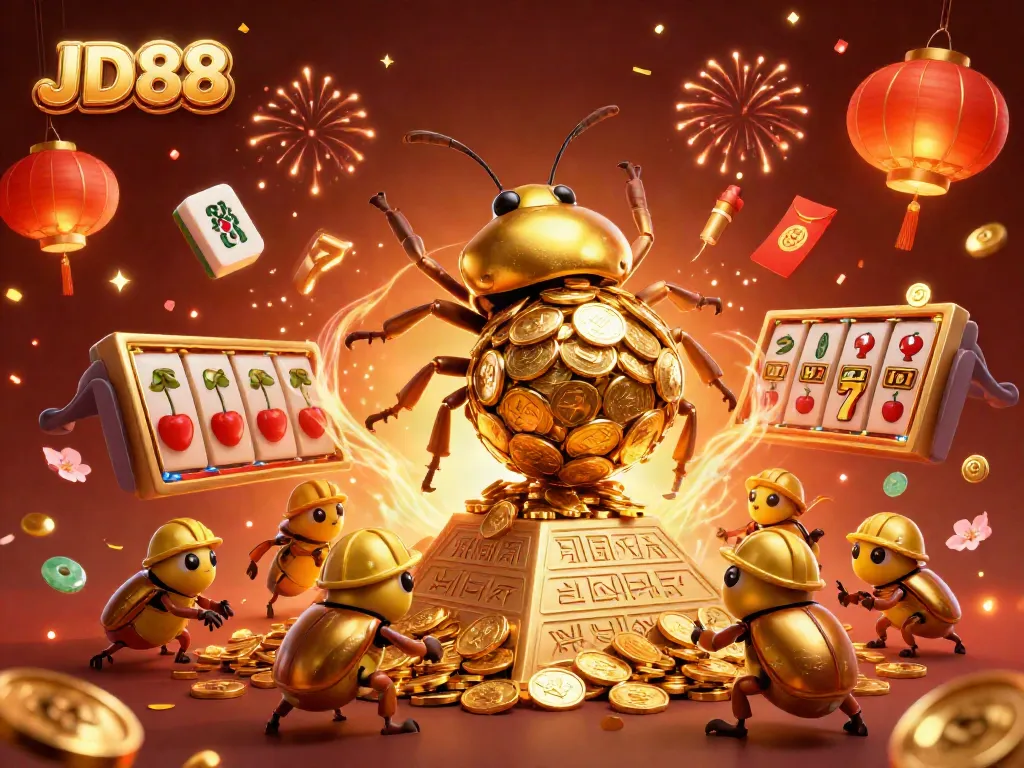 Engage in the exhilarating world of JD88 with golden coins, festive symbols, and vibrant casino elements.