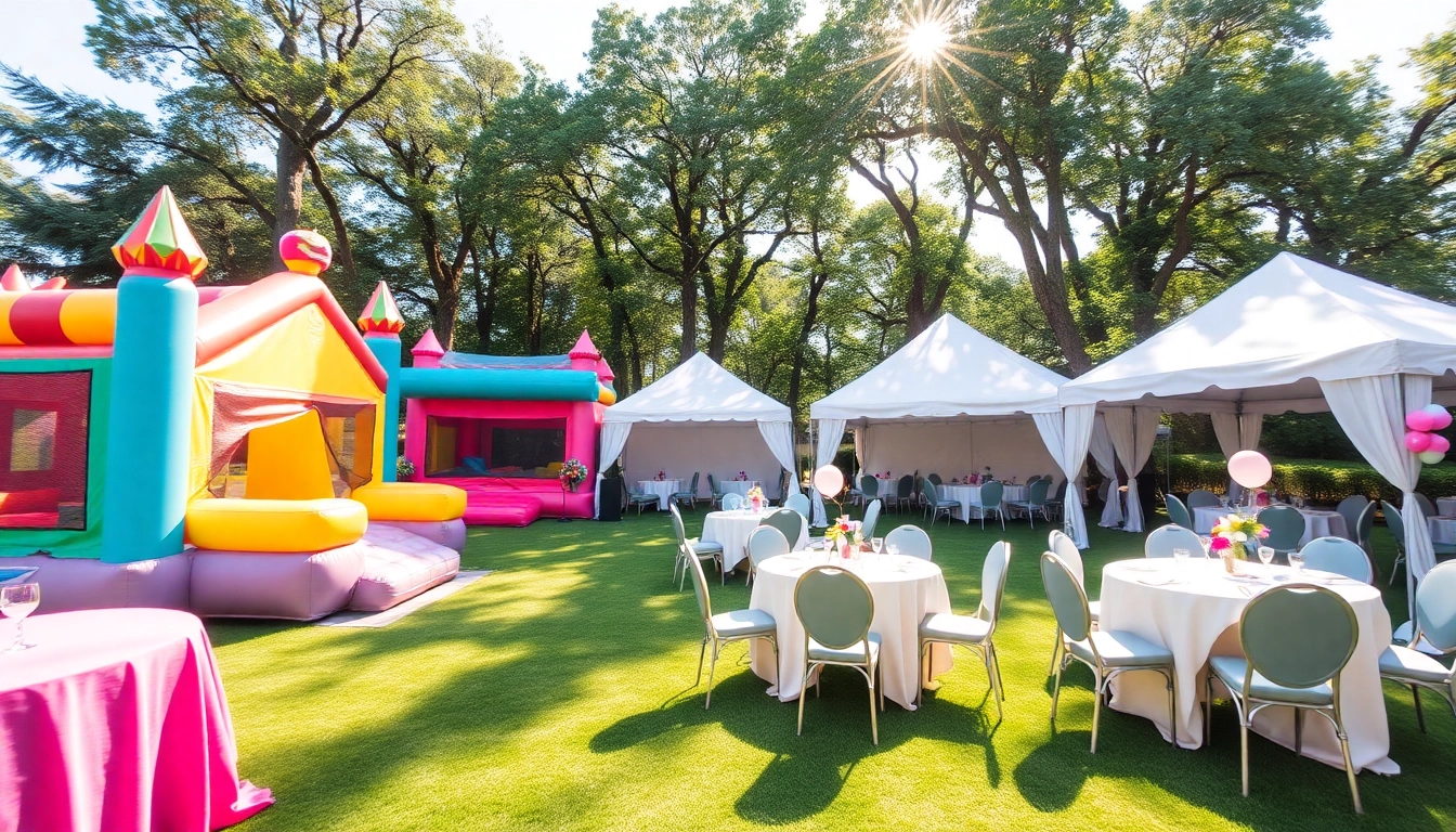 Engaging party rentals scene with colorful tents, bounce houses, and tables creating a festive atmosphere.