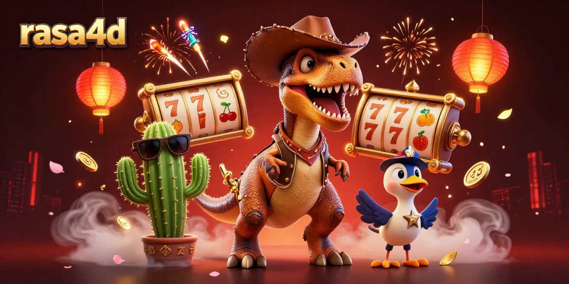 Mengalami keseruan bermain slot gacor di RASA4D dengan T-Rex, teman cactus, dan burung roadrunner yang penuh warna.