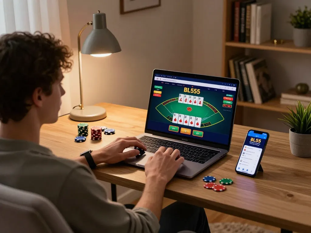 Person engaged in online gambling at BL555 with laptop showing blackjack game interface and poker chips