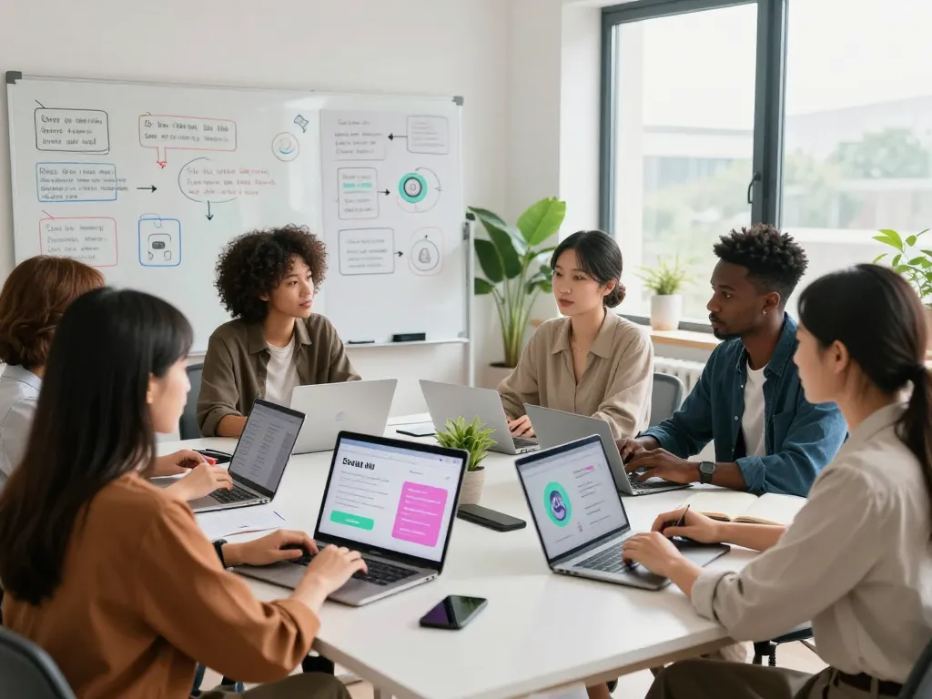 Group discussion on sex AI applications in a modern office setting, showcasing innovative technology and collaboration.