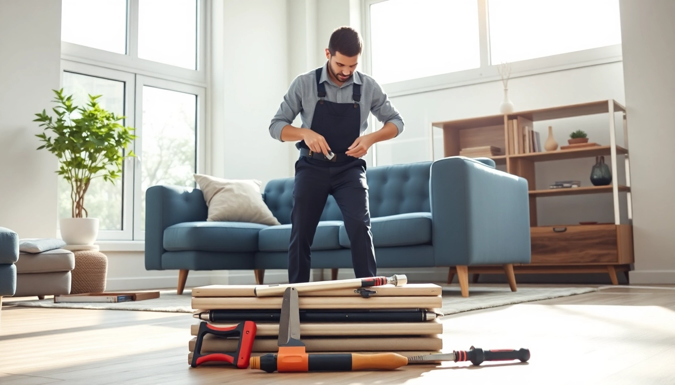 Expert technician performing assembly and installation services in modern living space.