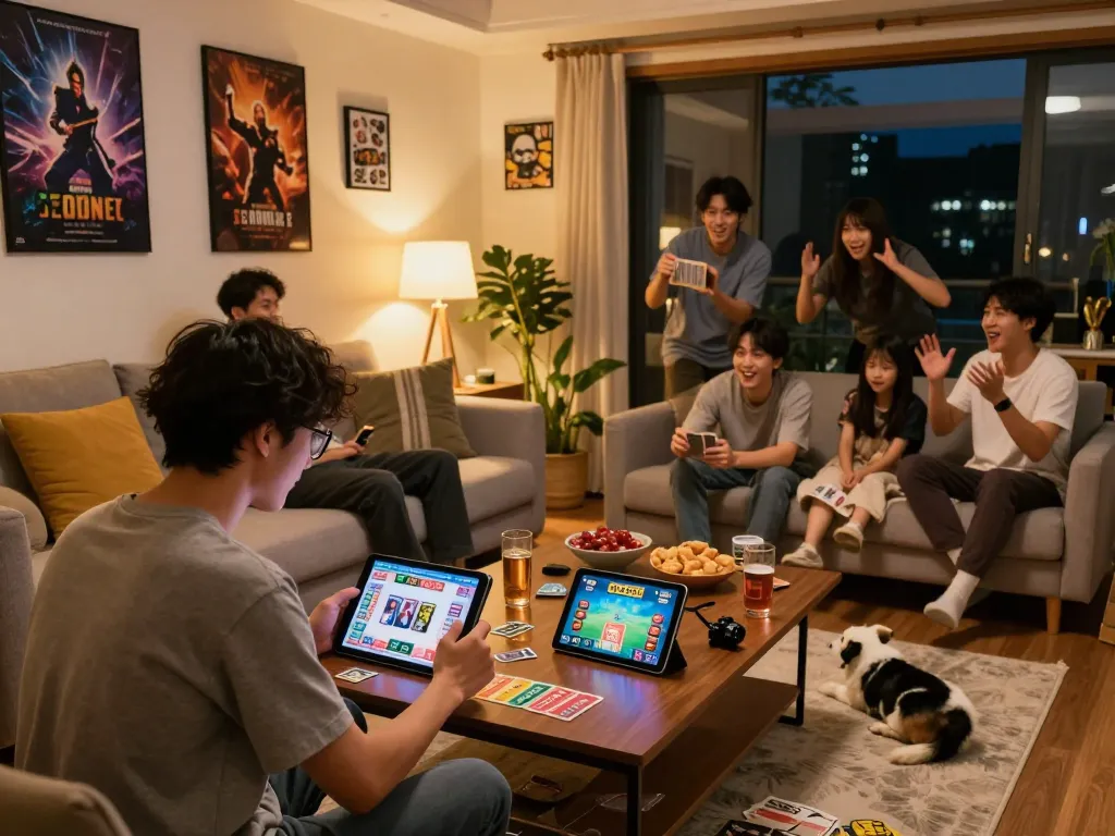 Excited gamer using tablet from https://hitclub9.us.com/ in cozy living room filled with snacks, friends, and vibrant decor.