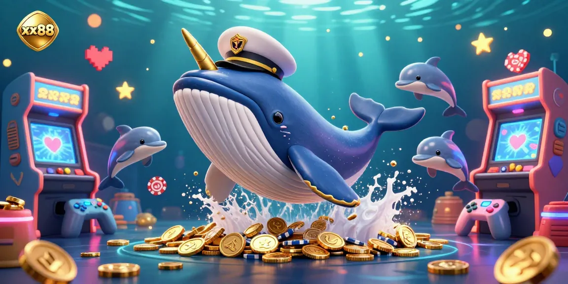 Experience the thrills of xx88 as a giant cartoon whale breaches through coins with playful dolphins and arcade elements.