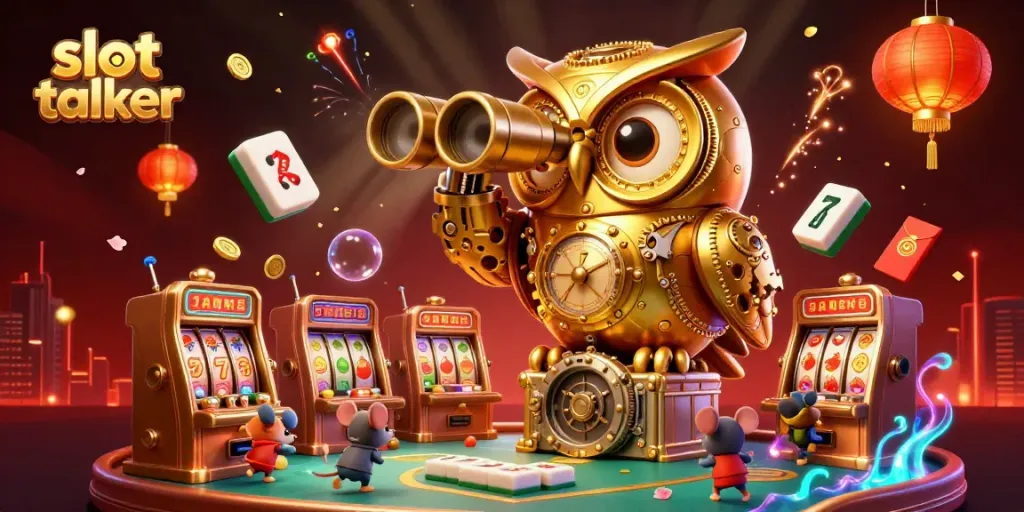 Engaging slot talker illustration displaying a golden owl scanning a colorful casino environment filled with dynamic slot elements.