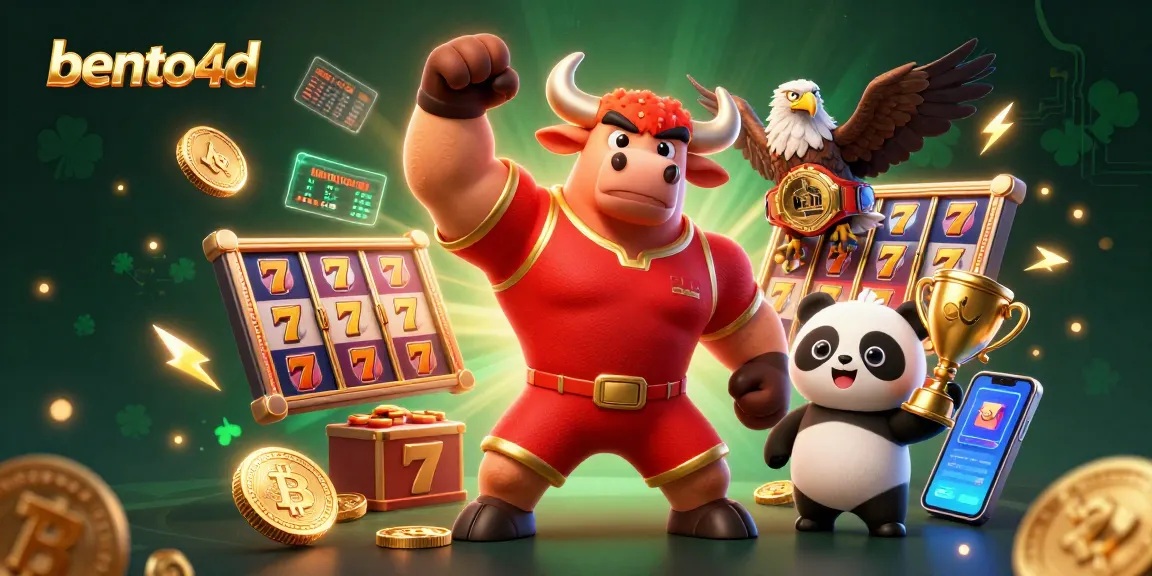 Bento4d menampilkan adegan kasino yang hidup dengan karakter yang menarik, gulungan slot, dan elemen kripto.