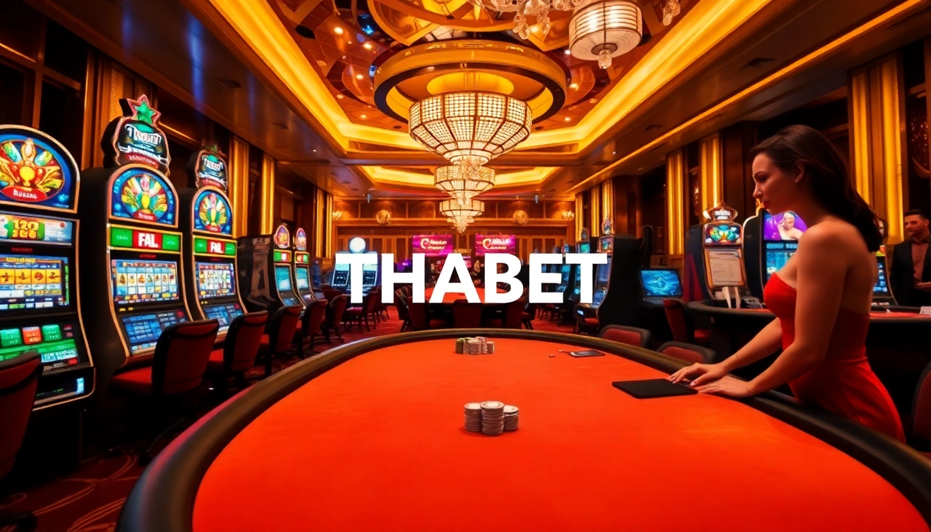 THABET engaging in thrilling casino games with vibrant machines and elegant dealers.