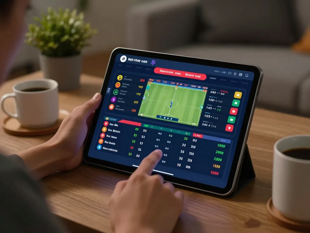 Engaged user checking kèo nhà cái odds on a tablet in a cozy home setting while placing sports bets.