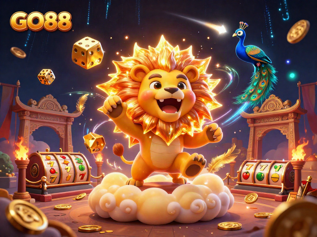 Experience the excitement of GO88 with a vibrant 3D illustration featuring dynamic casino elements.