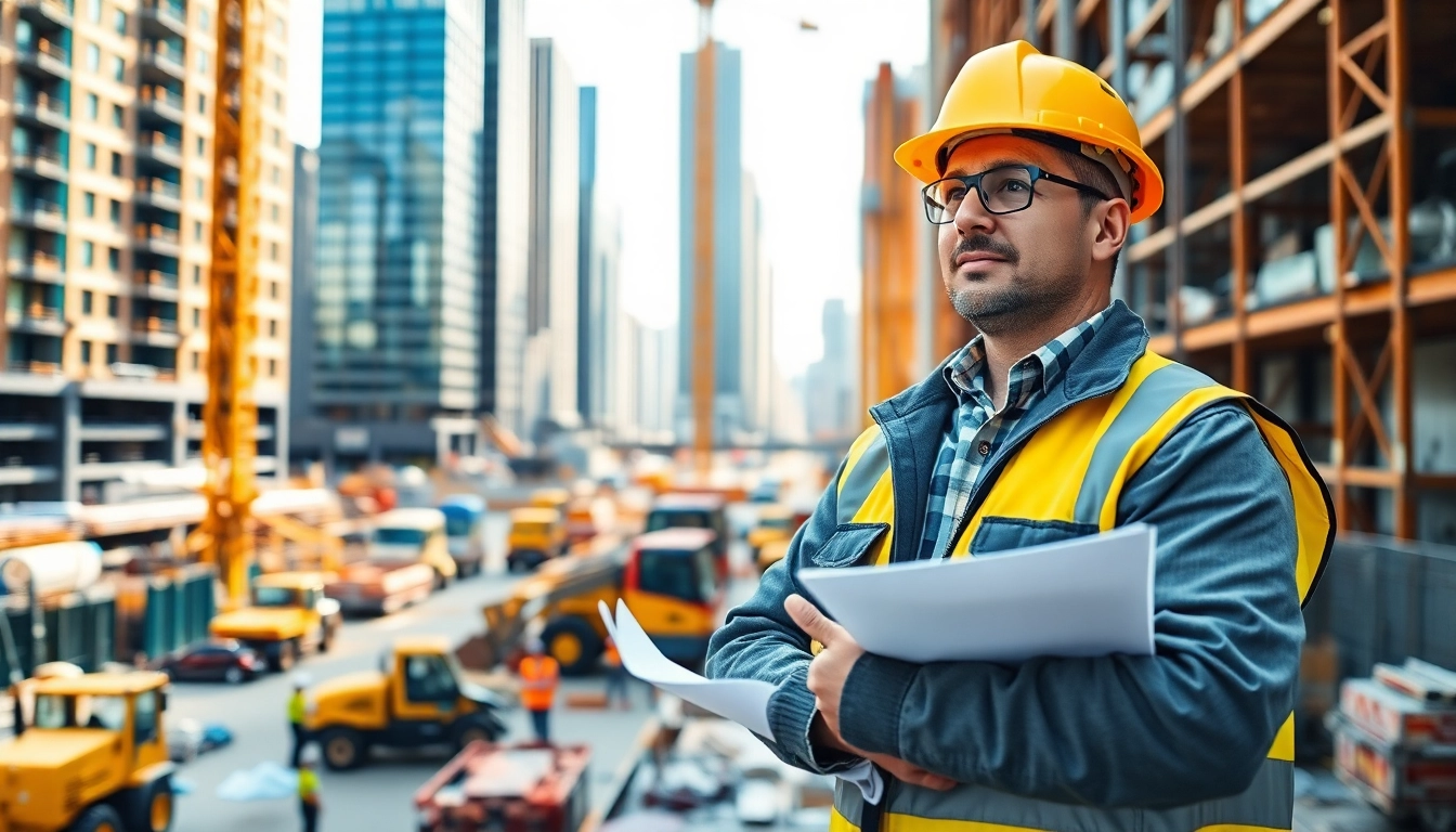 Manhattan Construction Manager strategizing at a busy construction site with workers.