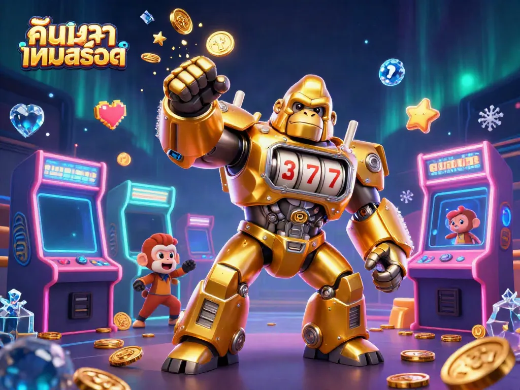 Engage in ค้นหาเกมสล็อต with an ultra-detailed 3D illustration of a golden gorilla mech and vibrant gaming elements.