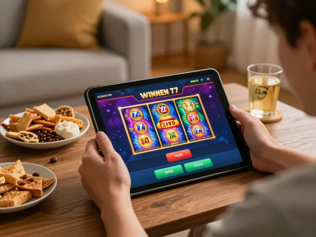 Engaging gaming moment on alexis77 app with tablet displaying winning slots