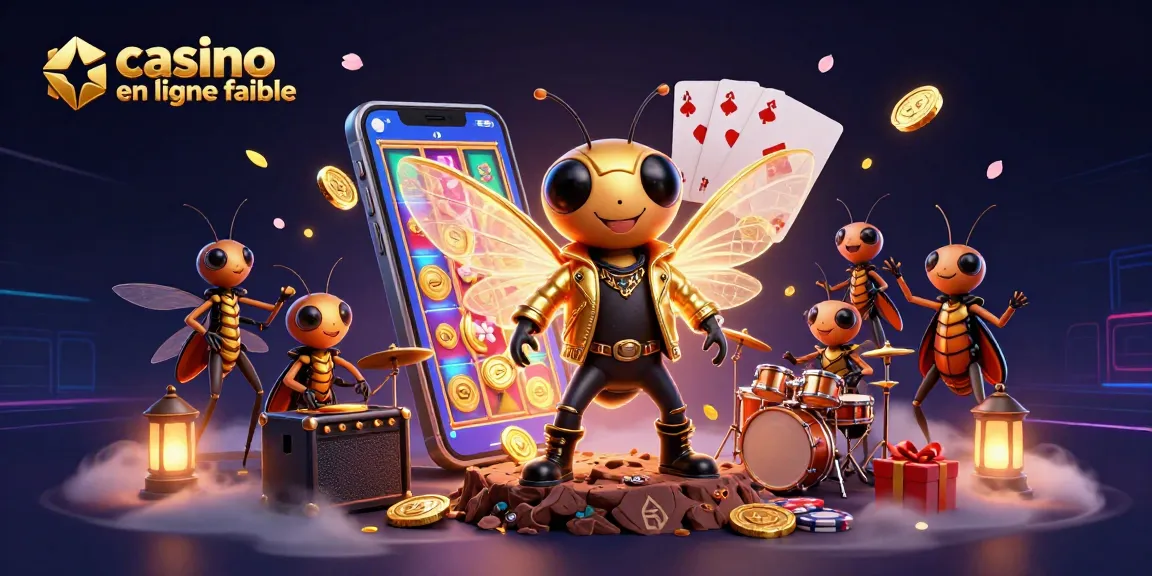 Illustration mettant en avant le casino en ligne fiable avec un rockeur cigale 3D entouré de jeux de casino et de pièces d'or.