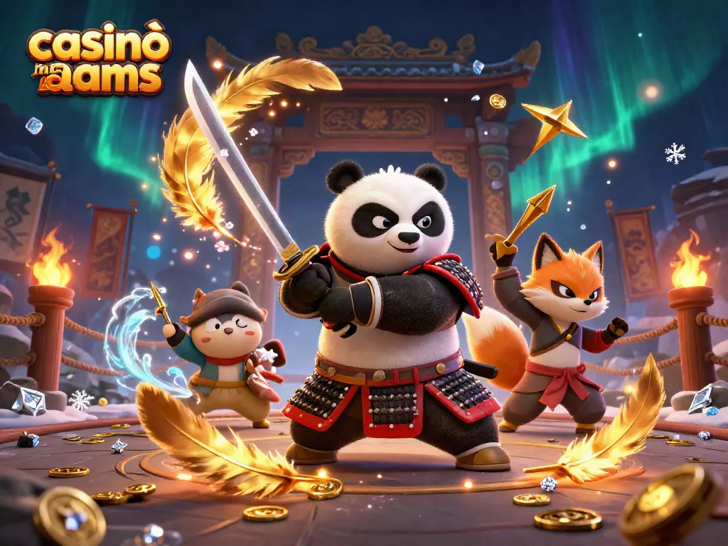 Esplora i casinò non AAMS con un samurai panda e un ninja fox nell'illustrazione 3D vibrante.