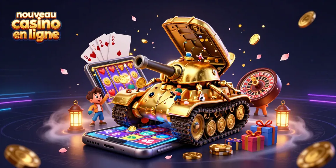 Le nouveau casino en ligne présente une scène dynamique avec un tank en forme de scarabée et des éléments de jeu fascinants.
