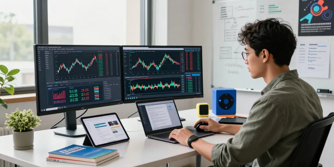 Developer utilizing a low latency tick data API in a modern fintech workspace, surrounded by real-time financial data.