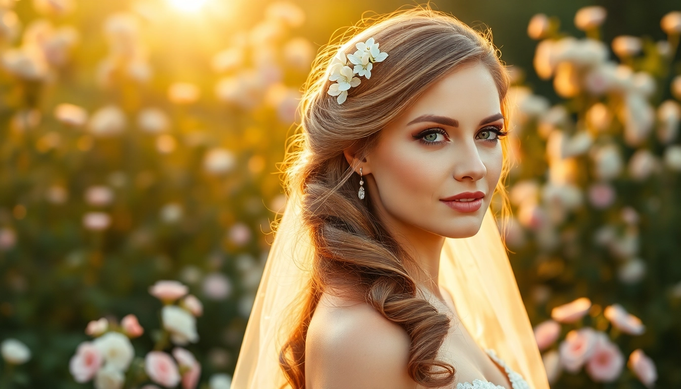 A beautiful bride showcasing exquisite wedding hair and makeup in a lush garden.