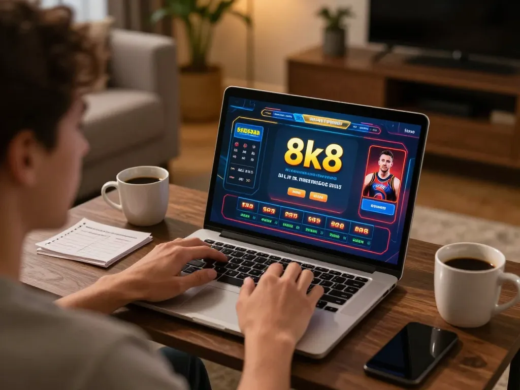 Player enjoying an online casino experience at home with 8k8 gaming interface visible on laptop.