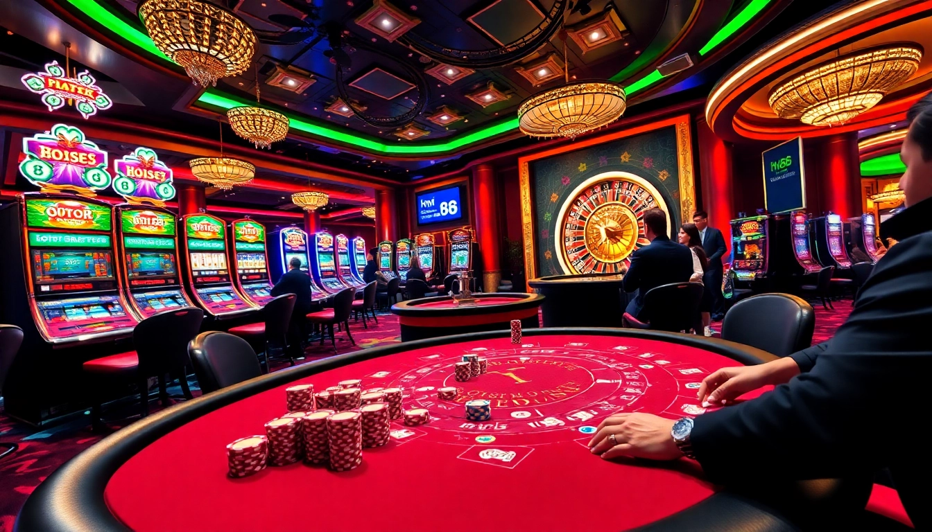 Players enjoy a thrilling night at the casino with hm88 poker tables and colorful chips.
