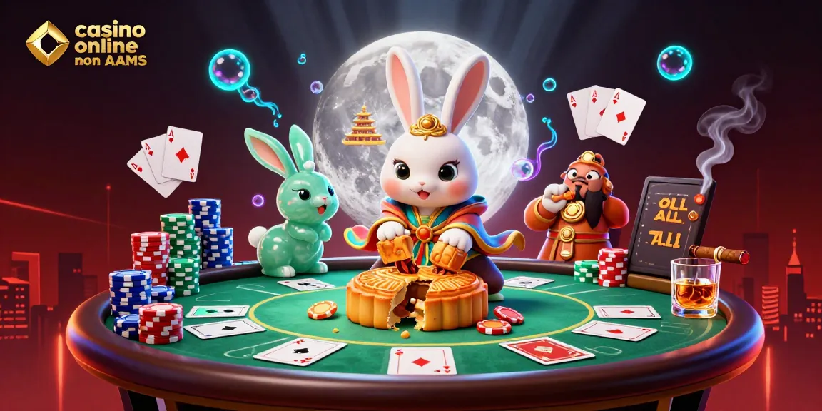 Crea eccitazione e vincite nel casino online non AAMS con un'illustrazione vibrante di giochi di poker e simboli di fortuna.
