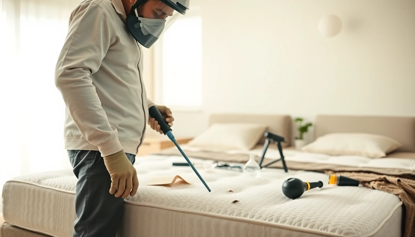 Bed bug exterminator inspecting a mattress in a well-lit bedroom for pest control.