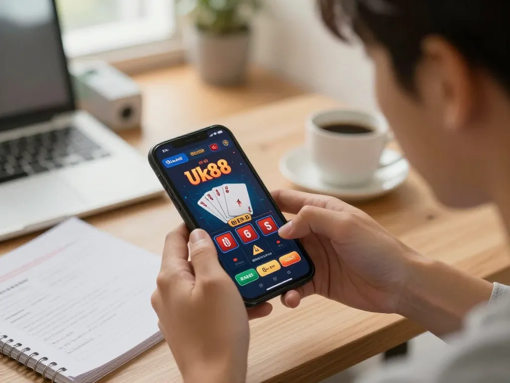 Engaging in an online gaming session with Uk88 casino app on smartphone; strategic excitement at home