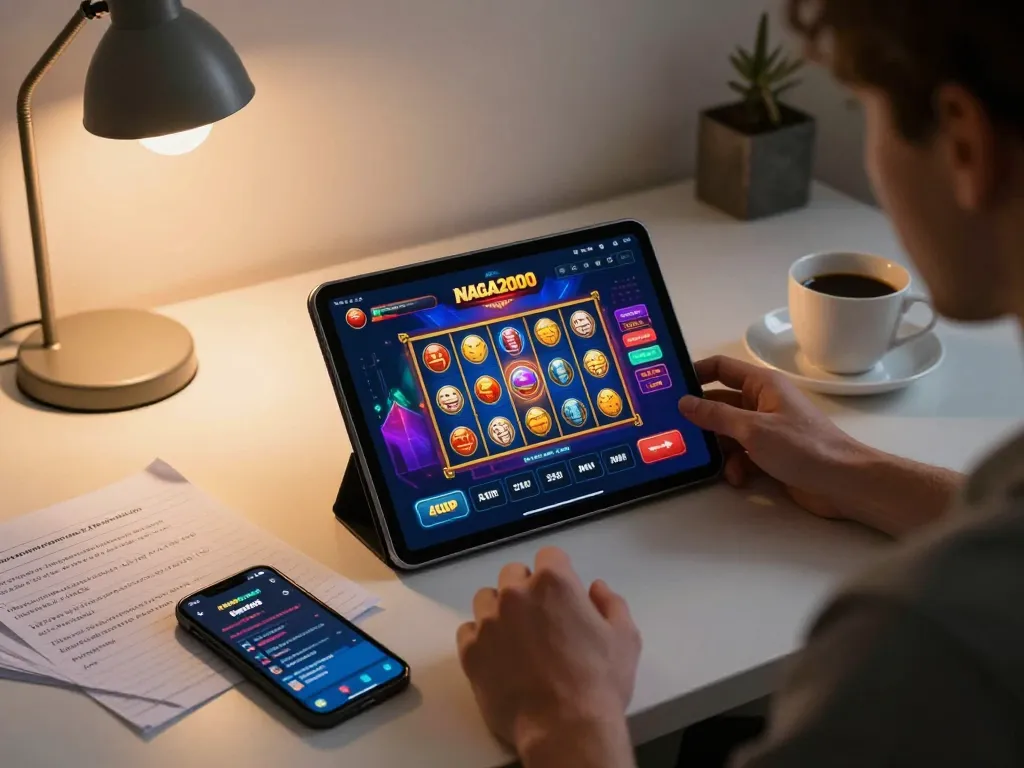 NAGA2000 app interface displayed on tablet during strategic online gaming session at home