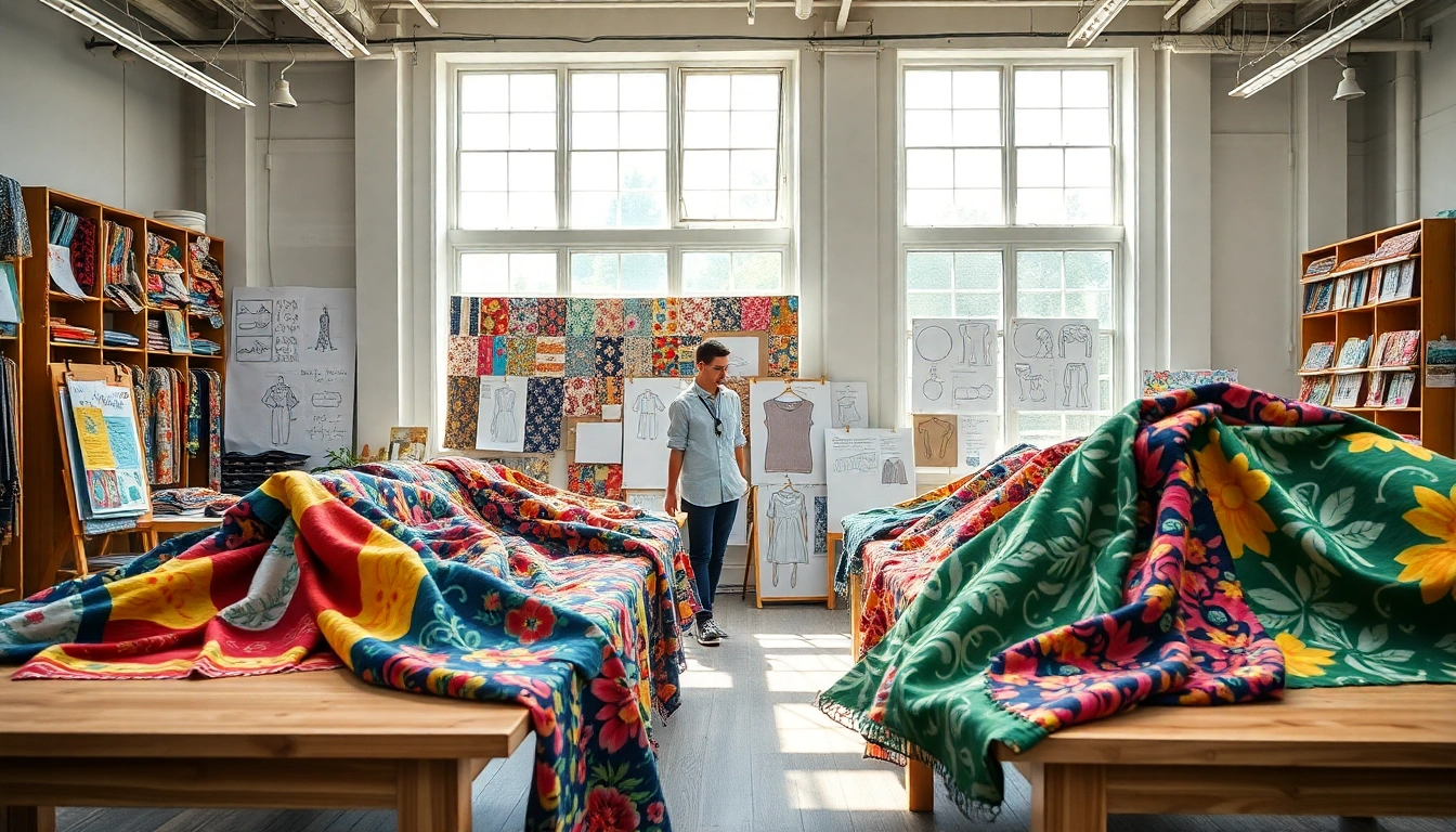 Bekijk bedrukte stoffen kopen in een kleurrijke stoffenstudio met ontwerpschetsen