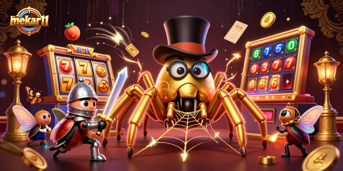 Mekar11 showcases exciting gambling action with a giant golden tarantula and brave beetle knight, symbolizing jackpot fun.