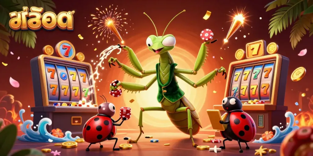 Experience the excitement of สล็อต with a vibrant 3D illustration showcasing slot reels and jackpot elements.