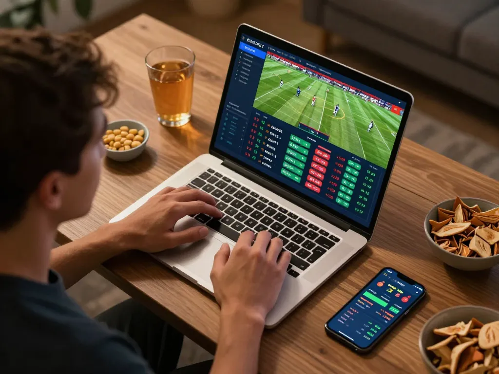 Engaging in online sports betting at https://nddo.org with live odds displayed on laptop during exciting football match.