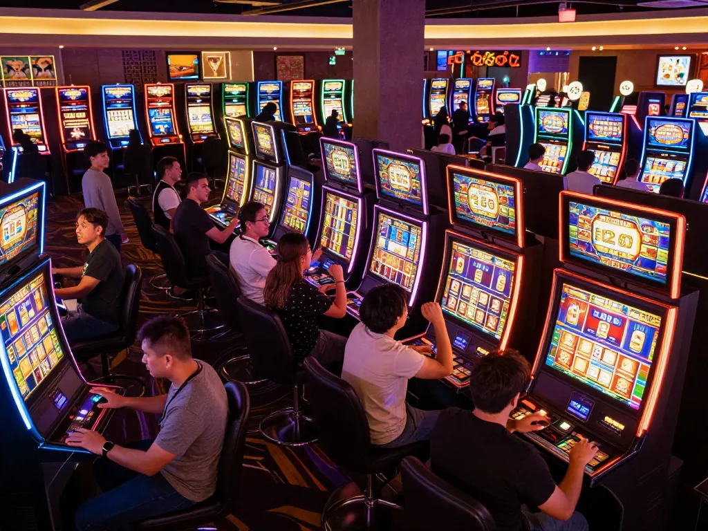 Players enjoying thrilling slot machine gameplay in a lively casino atmosphere.