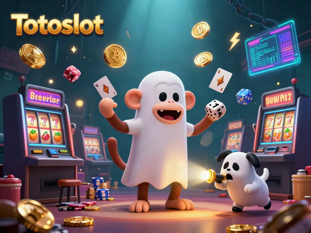 Totoslot menghadirkan suasana kasino yang magis dengan karakter monyet dan anjing dalam ilustrasi 3D yang menarik.