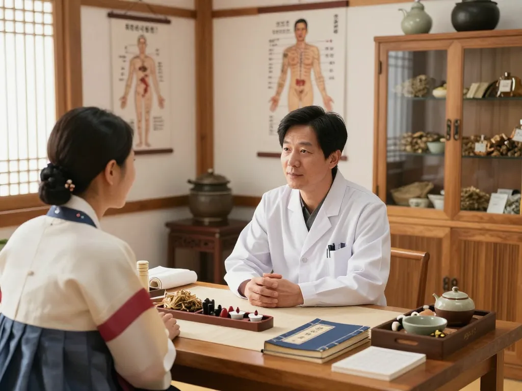Holistic healing at 수원한의원 with practitioner consulting patient in tranquil clinic.