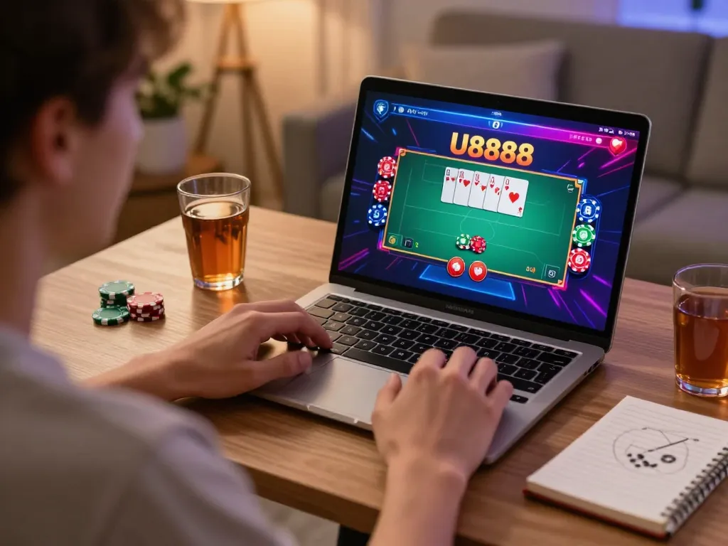 Engaging in a U8888 online poker game on a laptop in a cozy living room.