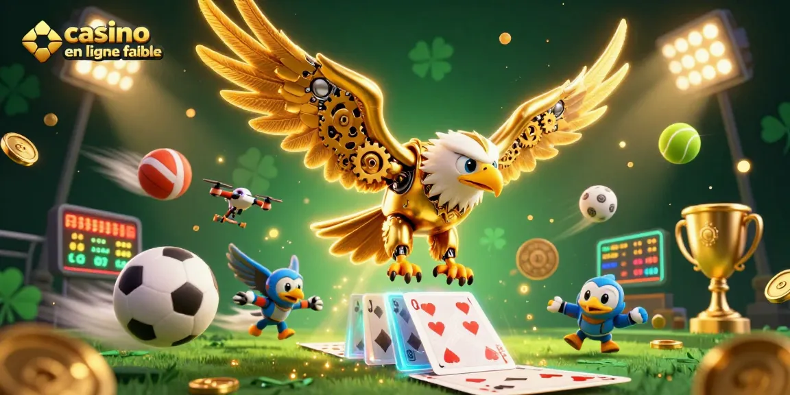 Jouer chez un casino en ligne fiable avec une illustration 3D d'un aigle doré futuriste et des éléments de jeu
