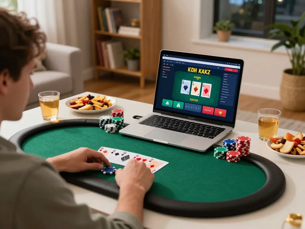 KP88 player strategizing in an online poker game at home, showing cards and chips.