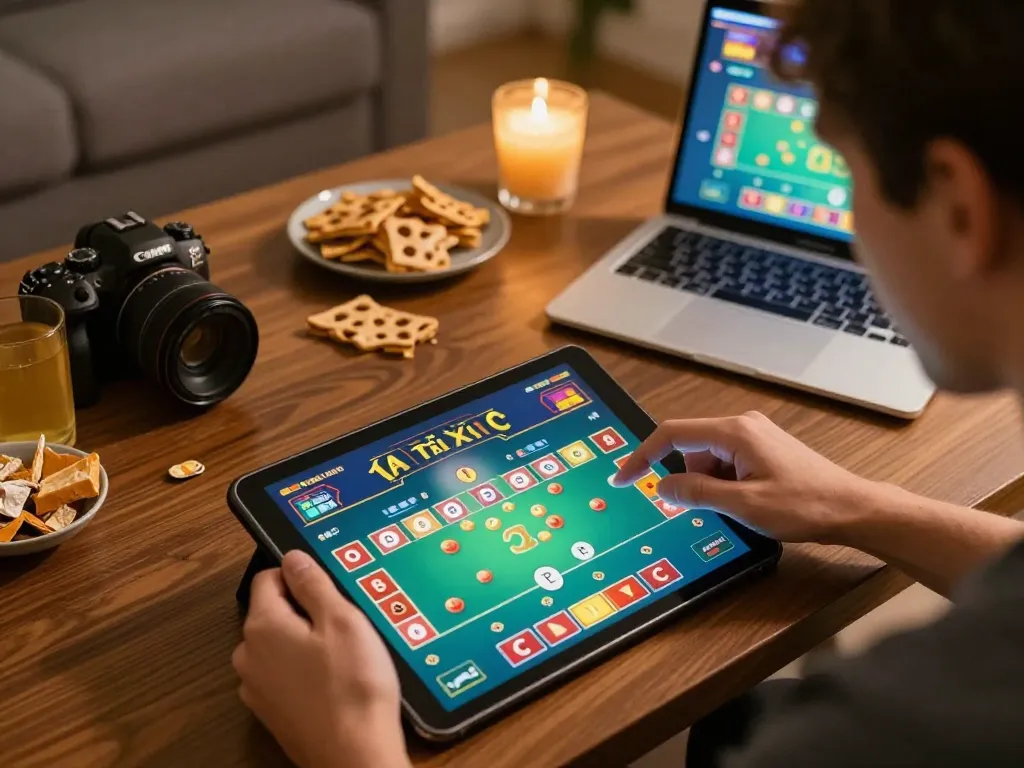 Tài Xỉu online gameplay on a tablet showcasing engaged user on taixiuonline8 with interactive interface and cozy setting.
