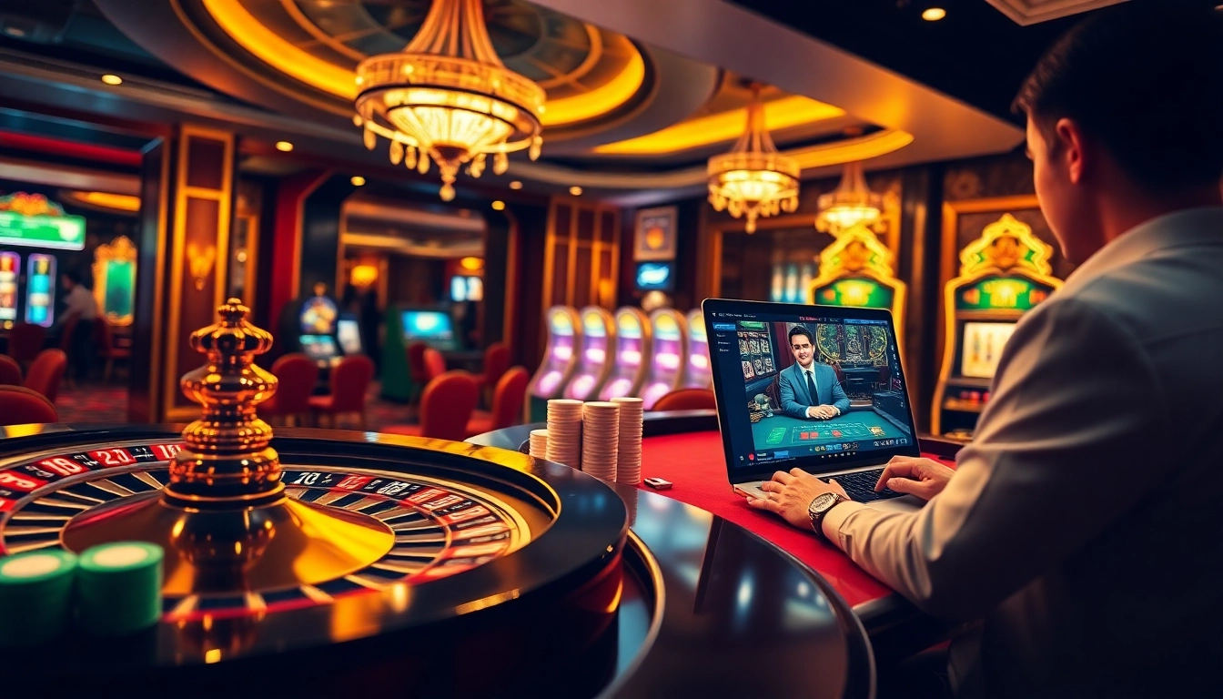 Enhance your gaming experience with nhà cái FABET at a luxurious online casino featuring roulette wheels and poker tables.