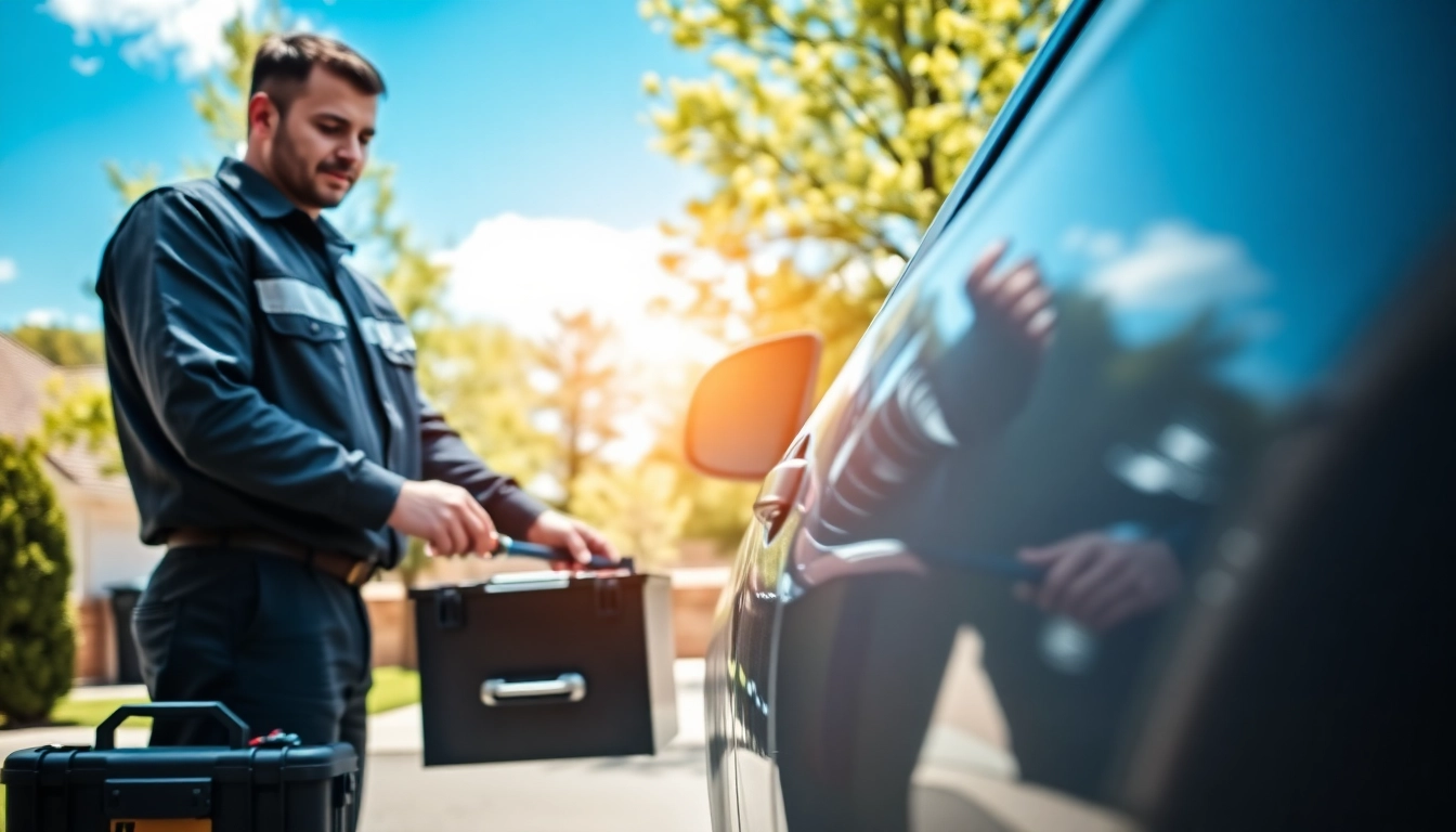 Mobile car repair expert fixing a vehicle in a driveway with a professional touch.