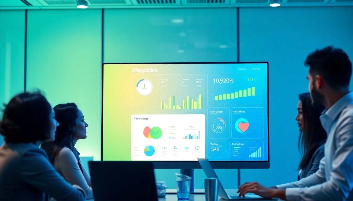 Interactive health management software interface from lifepp.click showing diverse professionals collaborating.