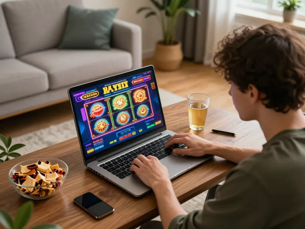 Player enjoying an exciting online gaming session on 98win platform with laptop and snacks