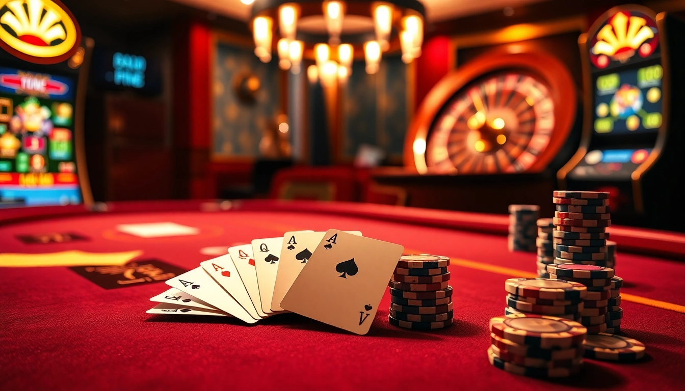 Scène engageante de casino en ligne mettant en vedette une table de poker, une roulette et des éléments de jeu vibrants.